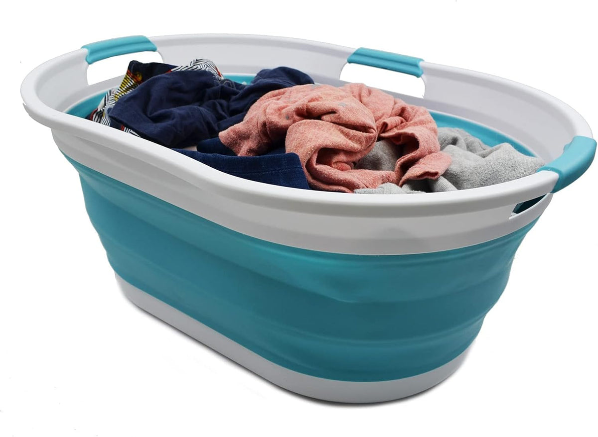 SAMMART 44L Collapsible Plastic Laundry Basket - Foldable Pop Up Storage Container/Organizer - Portable Washing Tub - Water Capacity: 35L (1, White/Bright Blue), Size : 25.4 x 17.8 x 10.6 inches