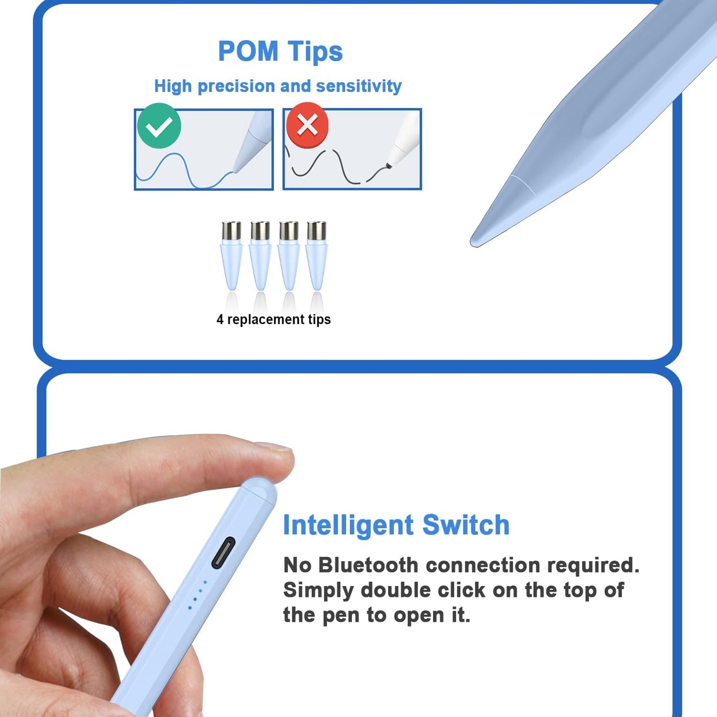 Stylus Pens for Touch Screens Power-Display Tablet Pen POM Tip Magnetic Digital Touch Pen Compatible with iPhone/iPad/iPad Pro/Lenovo/Nintendo Switch 2/Other Smartphone and Tablet Devices (Blue)