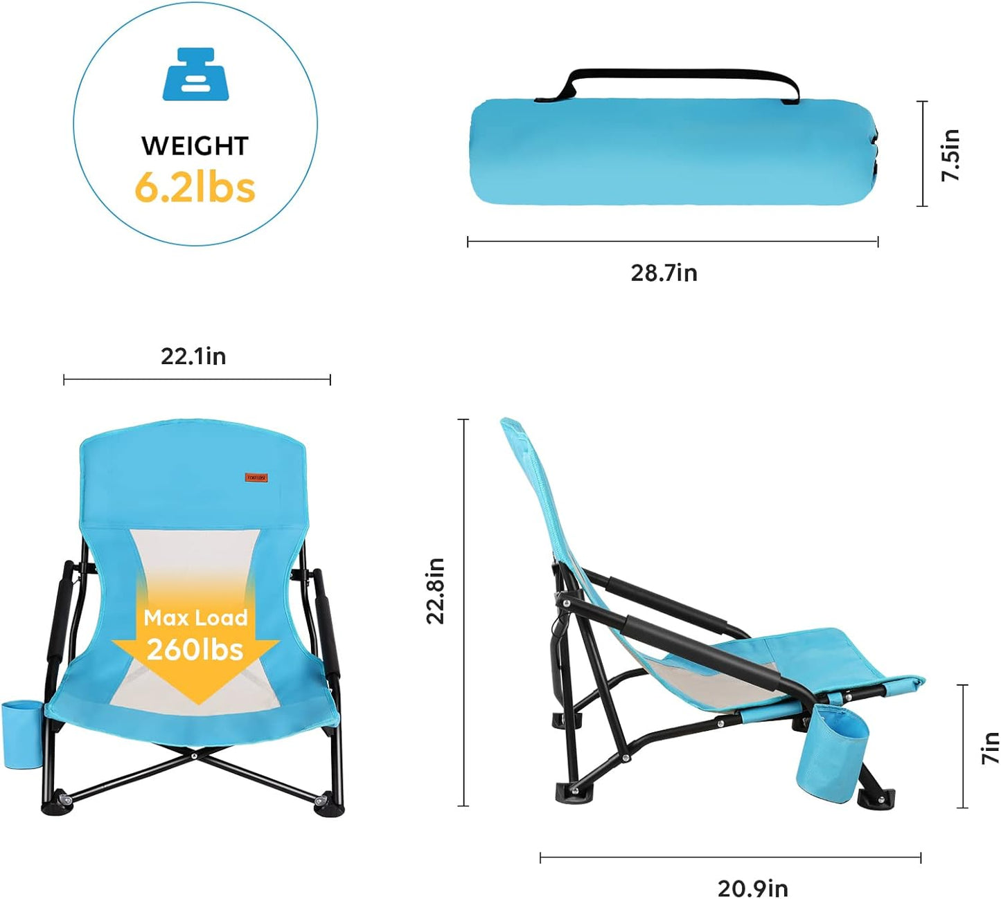 TOBTOS Low Beach Chair for Adults 2 Pack, Low Profile Folding with Cup Holder & Carry Bag, Heavy Duty Chair for Outdoor Sand, Camping, Concert, Travel