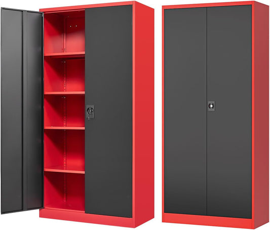 Fesbos Metal Storage Cabinet-71” Tall Steel File Cabinets with Lockable Doors and Adjustable Shelves-Black&Red Steel Storage Cabinet for Home,Kitchen, School, Office, Garage