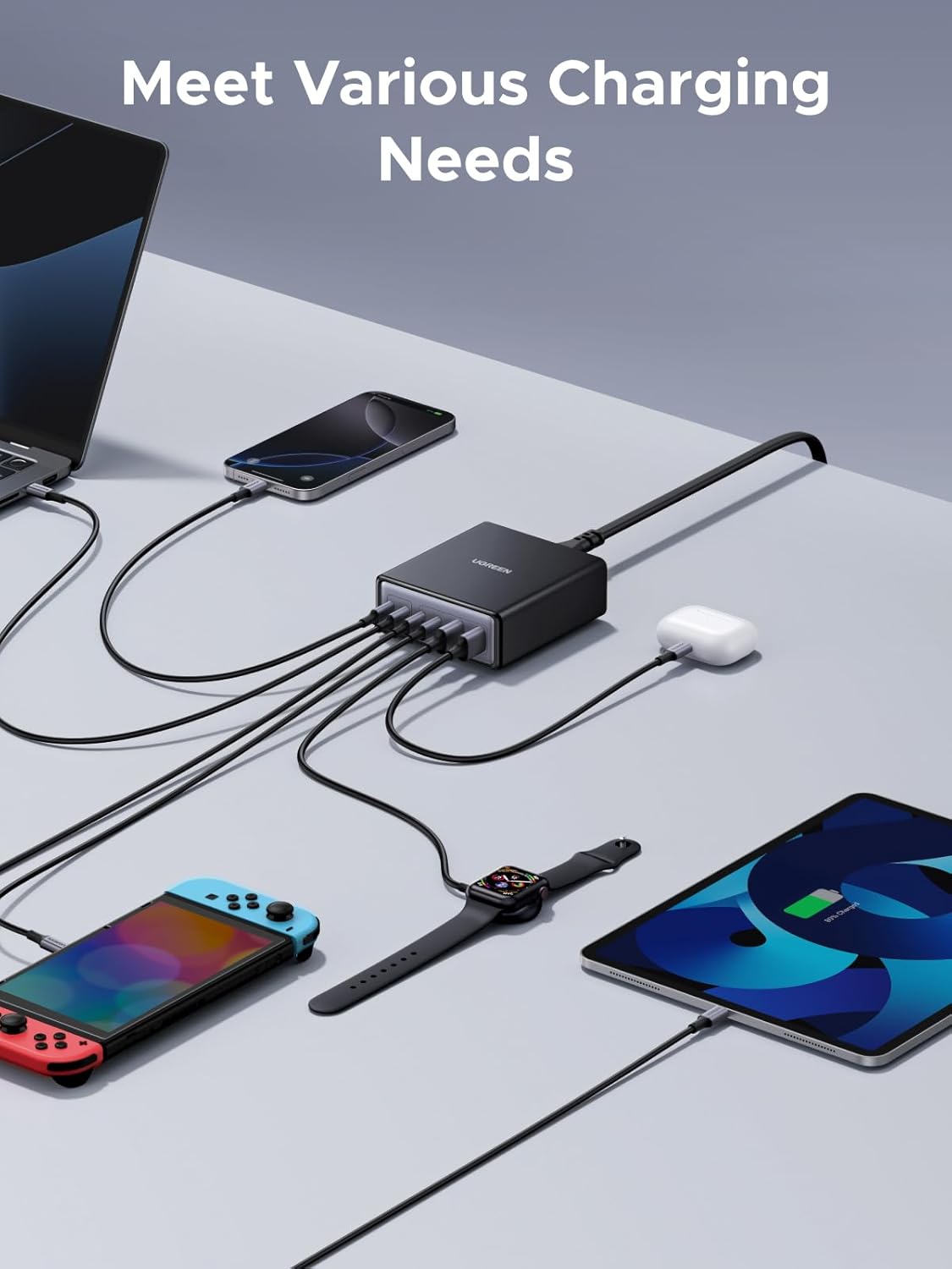 UGREEN 100W USB C Charging Station, 6-Port GaN Desktop Charger with 4 USB-C & 2 USB-A, Smart Power Distribution for MacBook Pro/Air, Dell XPS, iPad, iPhone 17/16/15, Galaxy S25/S24, Pixel 10/9