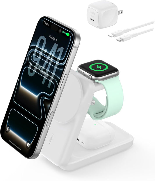 Belkin Qi2.2 25W Wireless 3 in 1 Foldable Fast Charging Station for iPhone | Fast Charigng, MagSafe Compatible, iPhone 17/16/15, Apple Watch, AirPods, Travel Charger, Magnetic