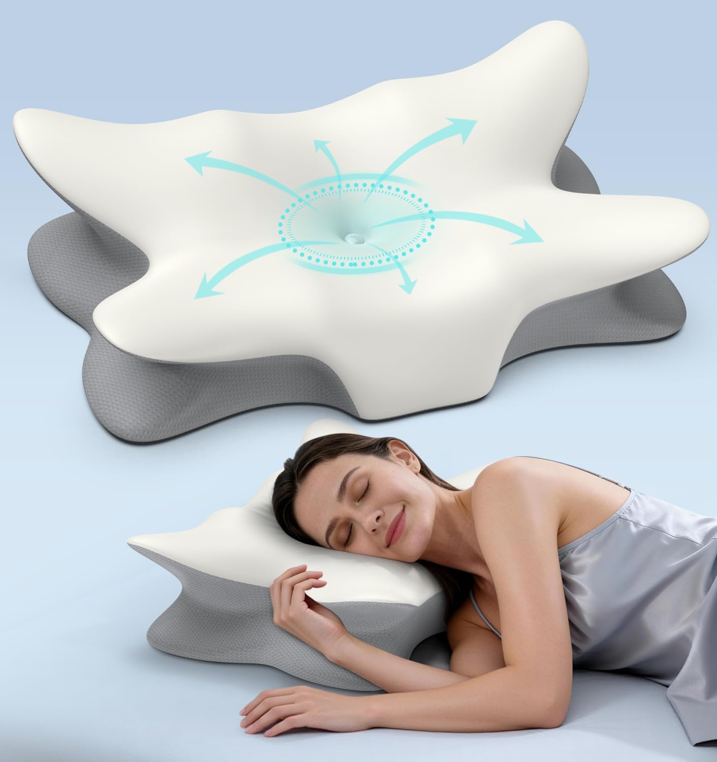 Cervical Pillow for Neck and Shoulder Pain Relief - Ergonomic Neck Pillow for Sleeping, Contour Memory Foam Pillows Side Sleeper Pillow, Bed Pillow for Side Back Stomach Sleepers(White & Blue)