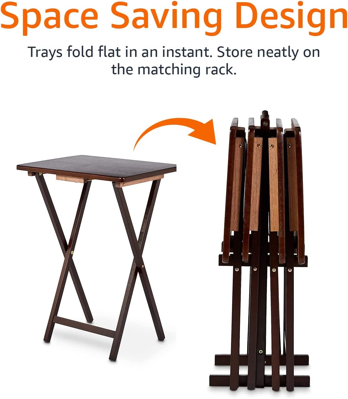 Amazon Basics Portable Foldable TV Tray Table with Storage Rack, Space-Saving Design, Sturdy Wood, 14.6"L x 19"W x 26"H, Espresso, 4-Pack