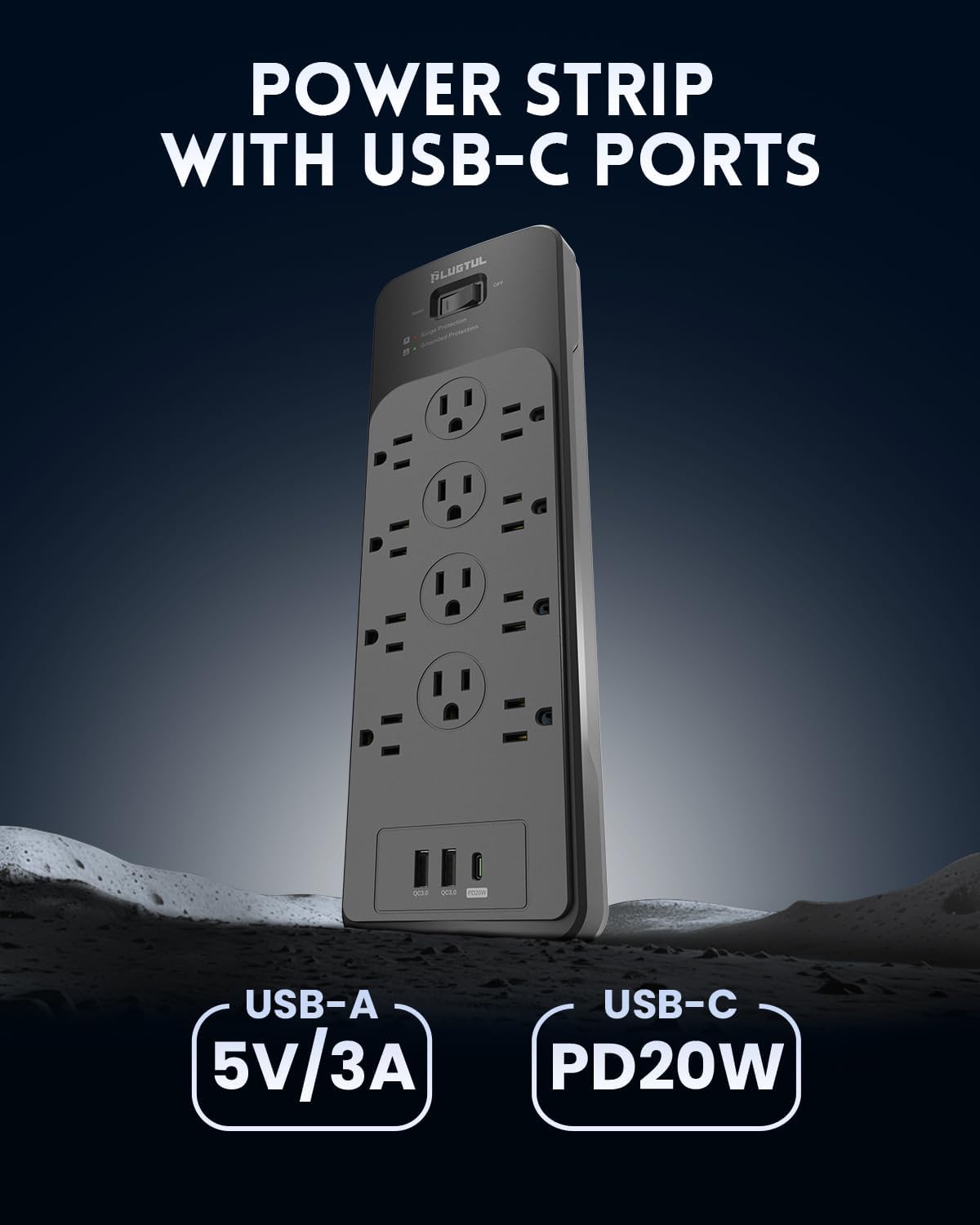 PLUGTUL Surge Protector Power Strip 10FT | Black Surge Protector with 12 Outlets - Spacious Design for Large Plugs, Flat Plug, 4080J, 20W USB C Charging, ETL Listed