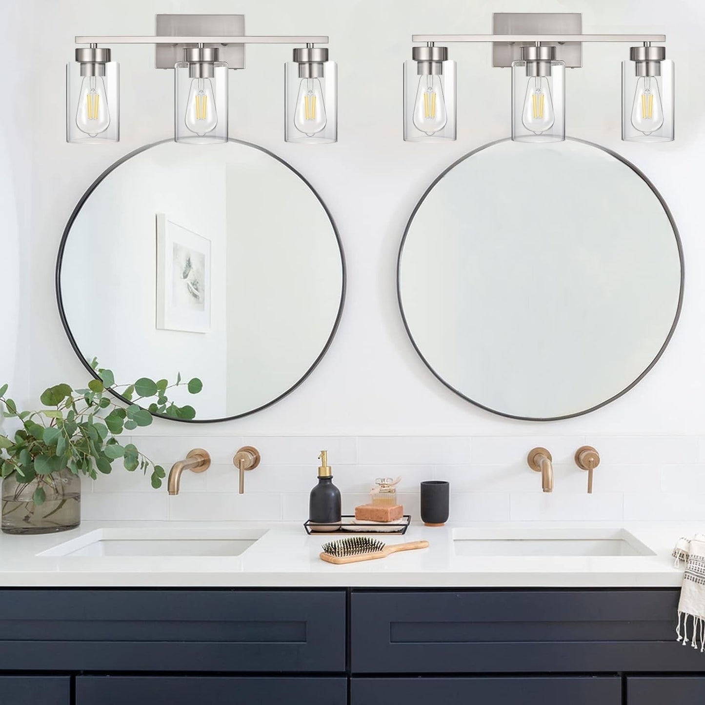 3-Light Bathroom Vanity Light, Modern Brushed Nickel Wall Lights with Clear Glass Shades, Bathroom Wall Sconce Lamp for Mirror Living Room Bedroom Hallway