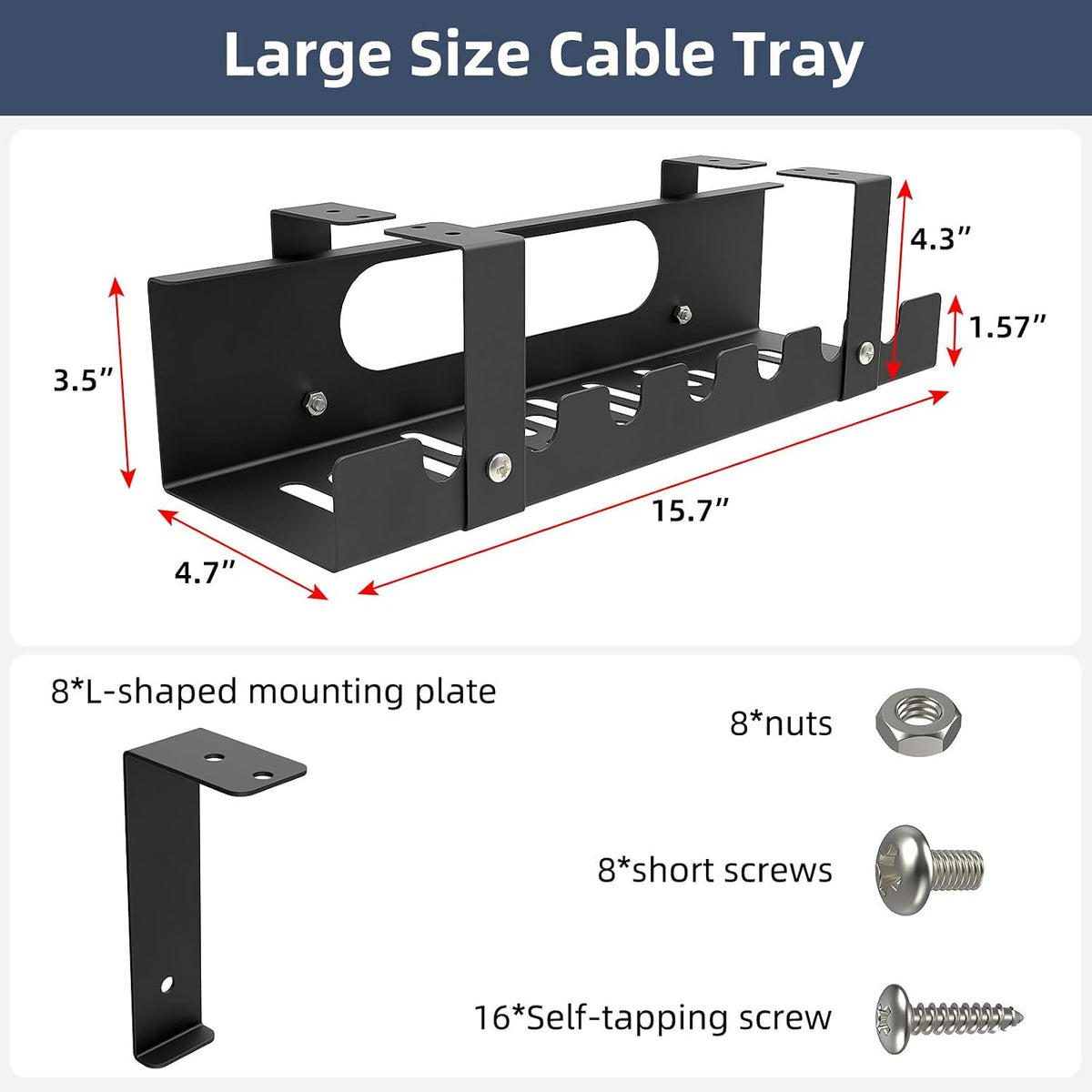 2 Pack Cable Management Under Desk Tray,Adjustable Length(15.7”-31.4”)