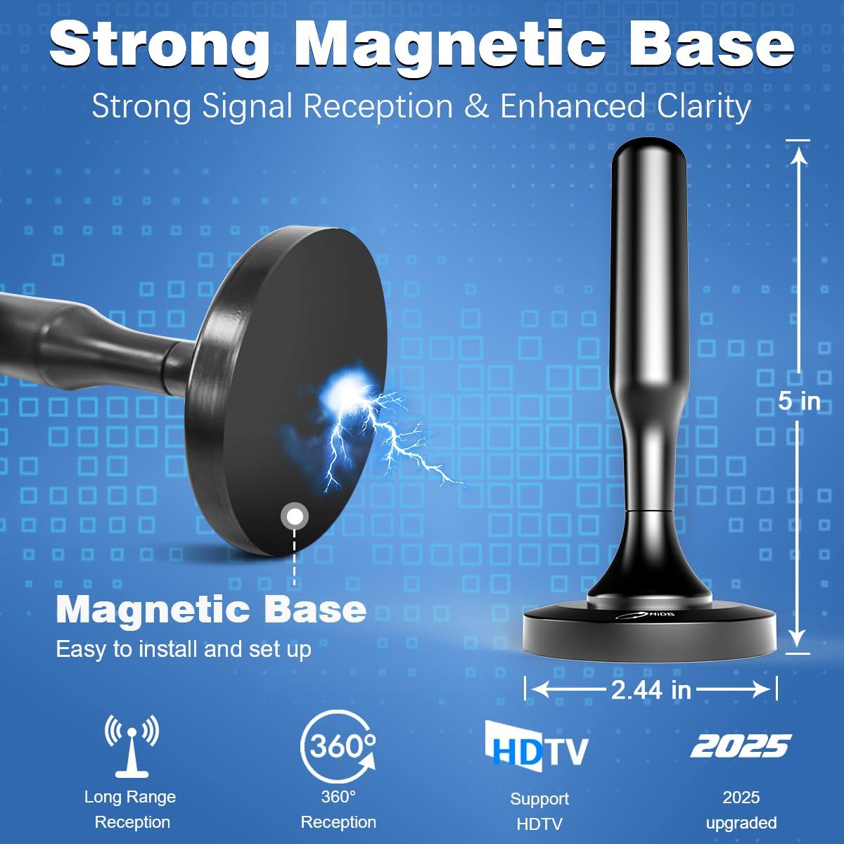 HIDB TV Antenna for Smart TV Indoor, Digital Indoor TV Antenna for Local Channels with Strong Magnetic Base, Easy Installation, Long Range Reception, 4K HD 1080P, 10ft Cables