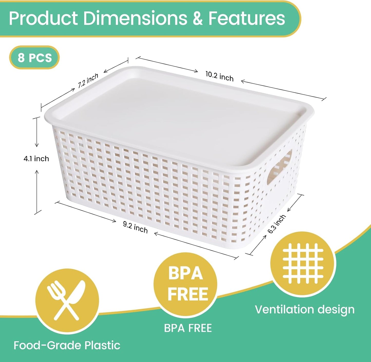 Ohmlove 8 Pack Plastic Storage Baskets with Lids for Organization