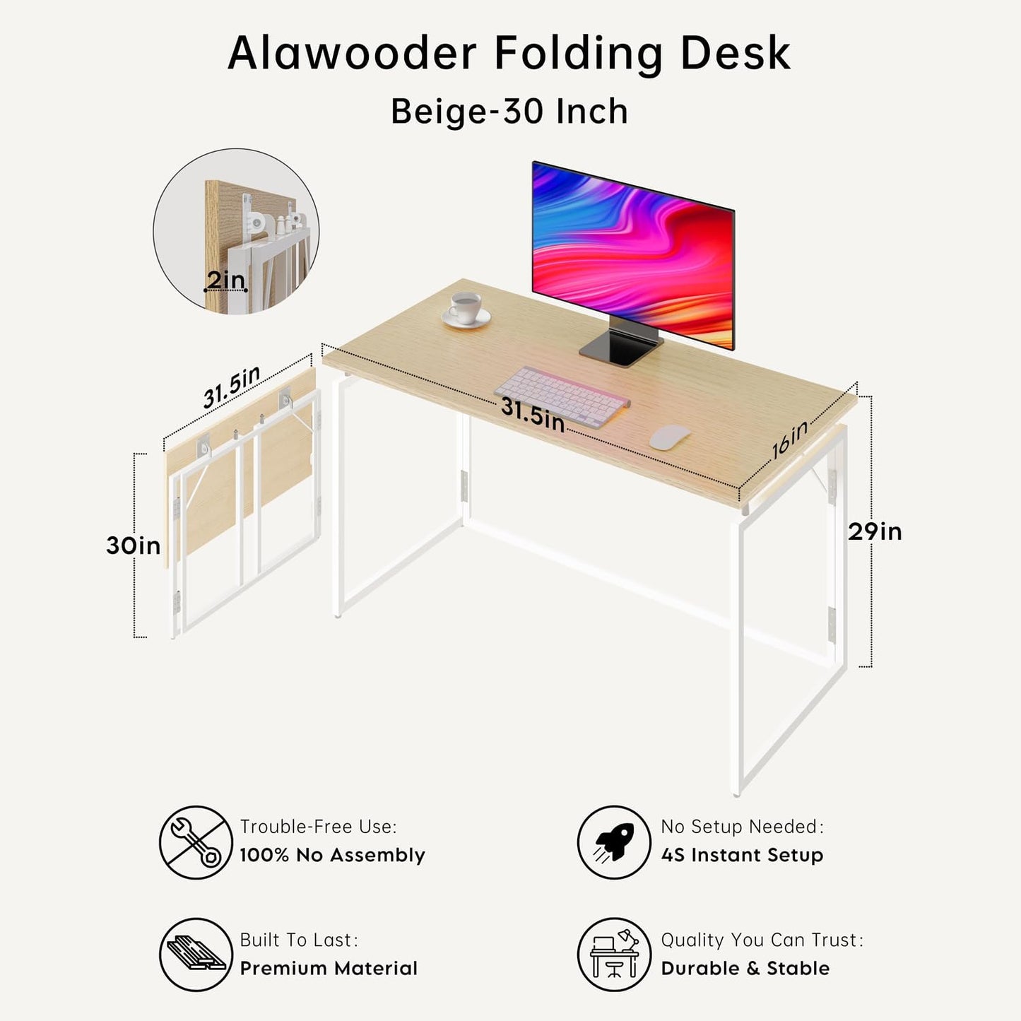 alawooder Folding Desk - 31.5" Wood Top Foldable Desk for Small Spaces | No Assembly Required Compact Desk for Home Office, Writing, and Study