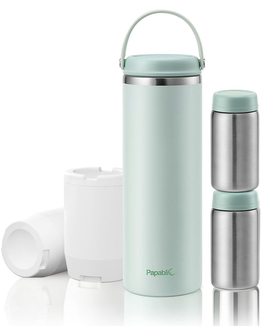 Papablic Innovative 360° CapsuleChill Breastmilk Cooler for 36H Safe Storage, 20oz Stress-Free Portable Breast Milk Chiller with 2pcs Stainless Steel Baby Bottles for Work & Travel, Mint Green