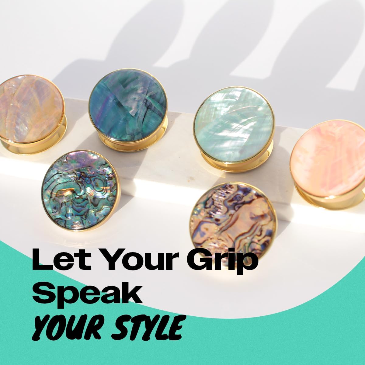 On The Grip Universal Phone Grip & Stand, Genuine Natural Gemstone/Seashell, Strong Adhesive Finger Holder, Collapsible Socket for iPhone, Samsung Galaxy, Kindle and Tablets (Aqua Blue)