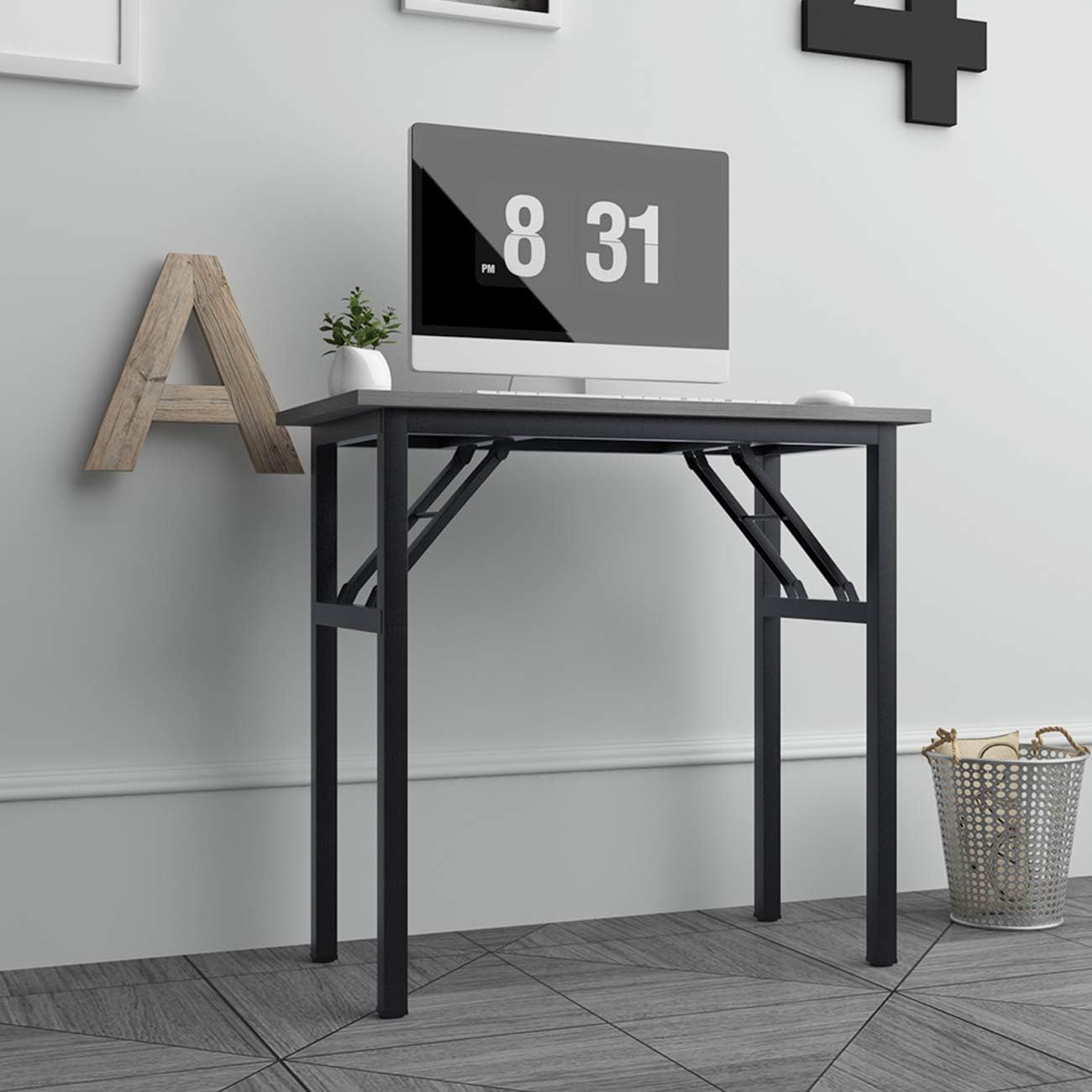 Need 31.5 Inch Folding Desk for Small Spaces, Home Office Computer Desk with Grey Wood Top & Black Frame, Foldable Writing Table for Study, Bedroom, Dorm Room & Student