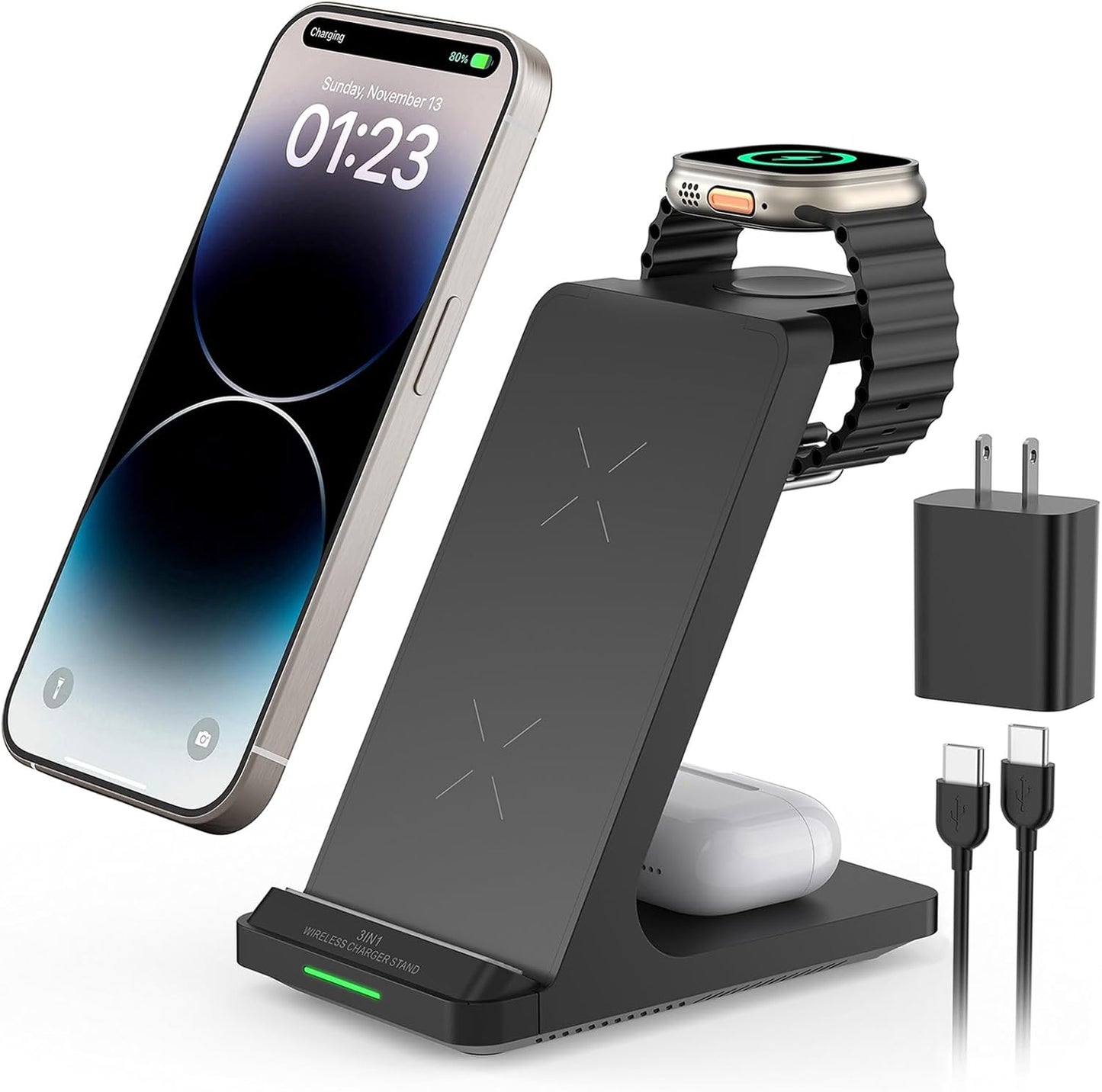Wireless Charging Station, 3 in 1 Fast Wireless Charger Stand for Multiple Devices Apple Watch Ultra Series 11 10 9 8 7 6 SE 5 4 3 2, iPhone 17 16 15 14 13 12 11 Pro Max/Plus/Air/X/XS/XR/SE, Airpods