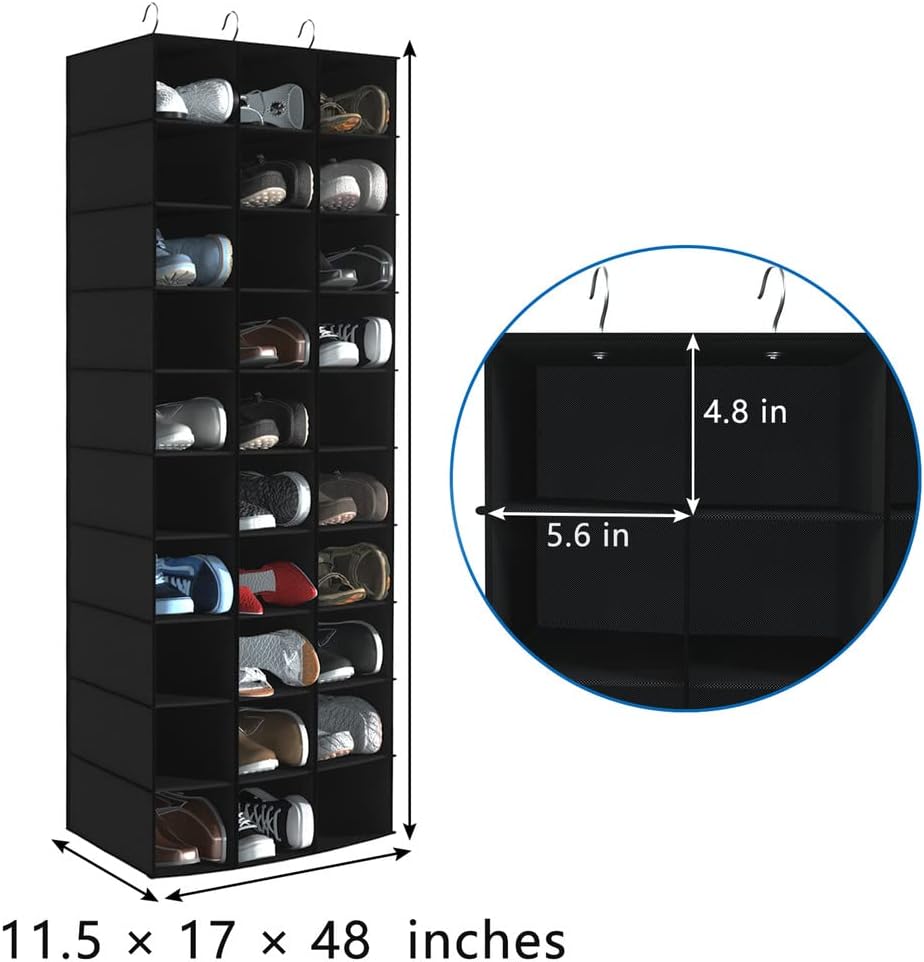 30 Section Hanging Shoe Organizer for Closet, Black