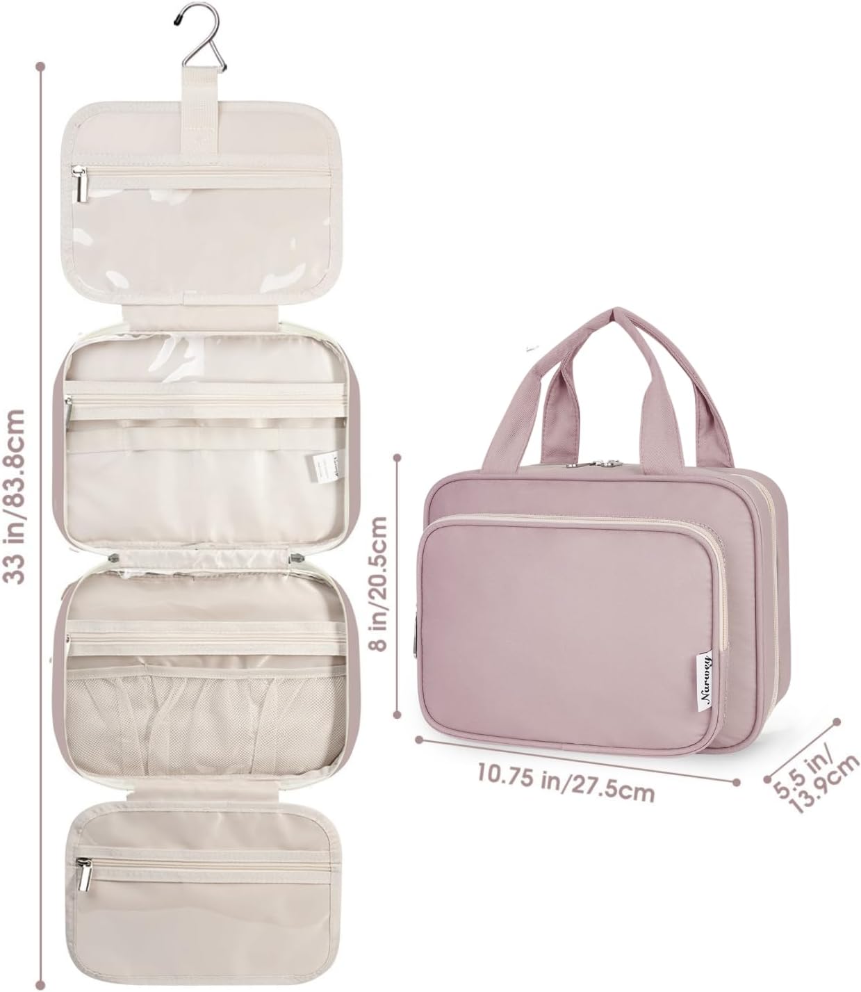 Narwey Hanging Toiletry Bag for Women Travel Makeup Bag Organizer Toiletries Bag for Travel Size Essentials Accessories Cosmetics (Dusty Rose (Medium))