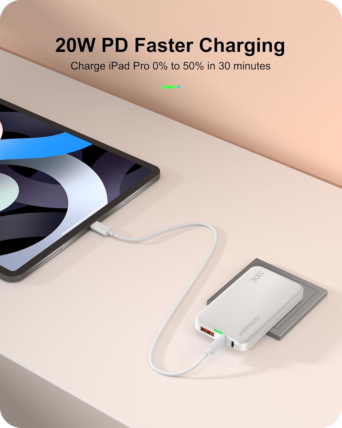 Ultra-Slim Flat USB Wall Charger for Phones & Tablets 30W GaN 3-Port Fast Charging with 2 Type-C & 1USB-A Port for iPhone 16/15/14/13/12/11/Pro Max/XS/XR/8/7 White