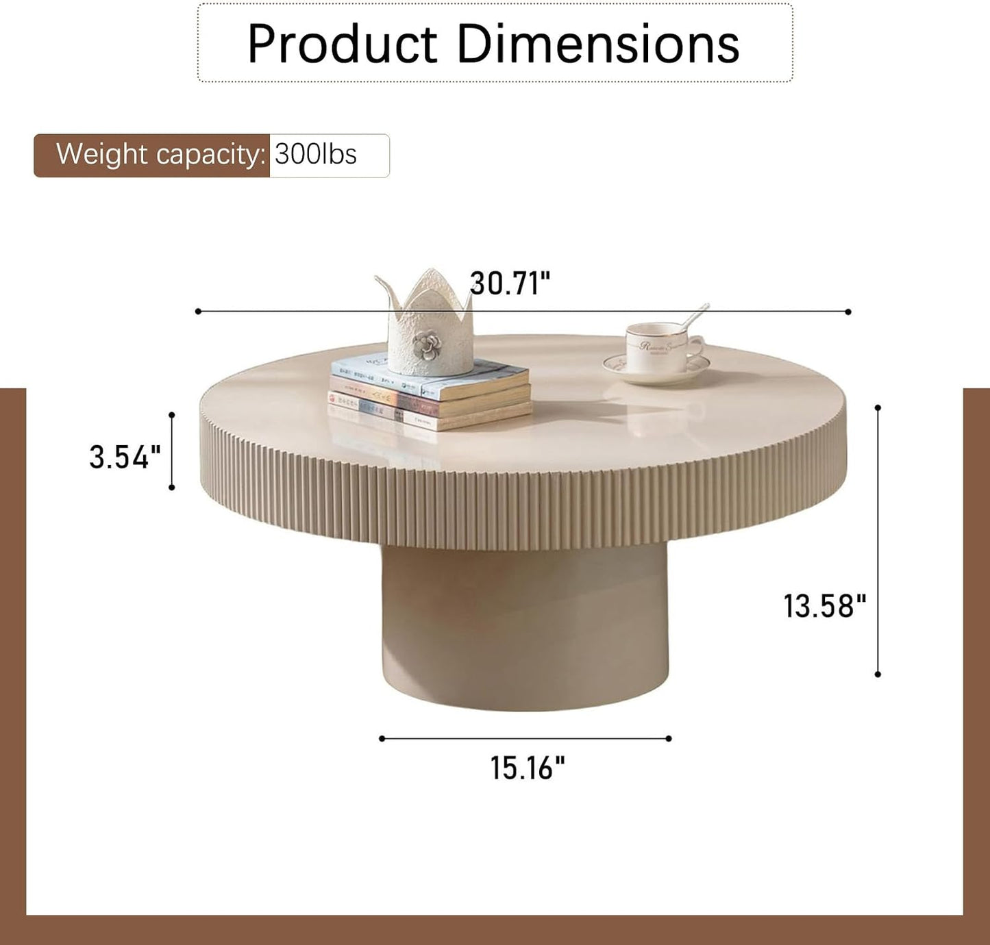 30.71" Round Drum Coffee Table,White | Modern Handcraft Fluted Accent Table, Sturdy Pedestal Circle, Luxury Center Table, For Living Room Home Office