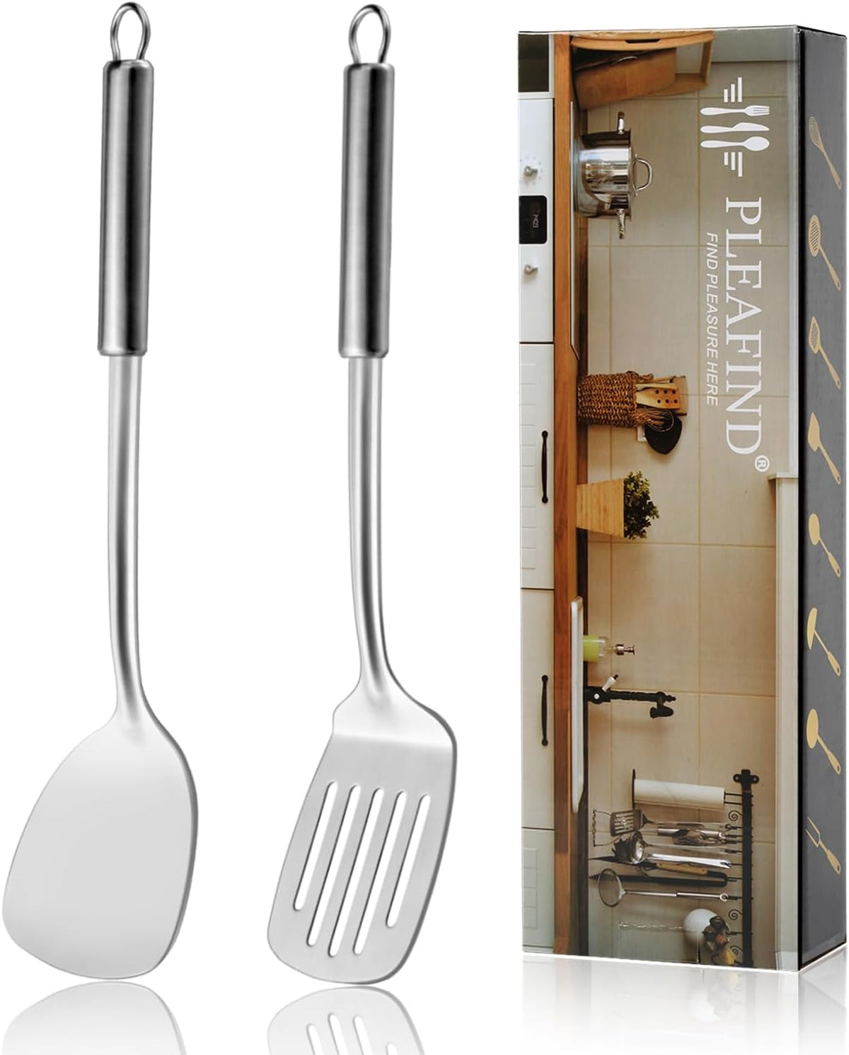 Pleafind Cooking Utensils Set - 4 Pcs Stainless Steel Kitchen Utensils Set with Solid Turner, Slotted Turner, Serving Ladle, Slotted Spoon, Wok Utensils Set with Heat Resistant Handle, Dishwasher Safe
