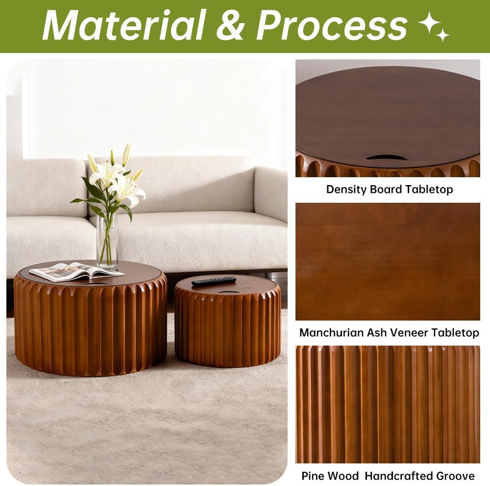26" Round Nesting Coffee Table Set of 2 with Storage, A | Flip-Top Lid, Wood Veneer Tableop, Wood Groove, Non-Slip Pad, For Living Room, Nesting Design, 2-Piece End Table Sets
