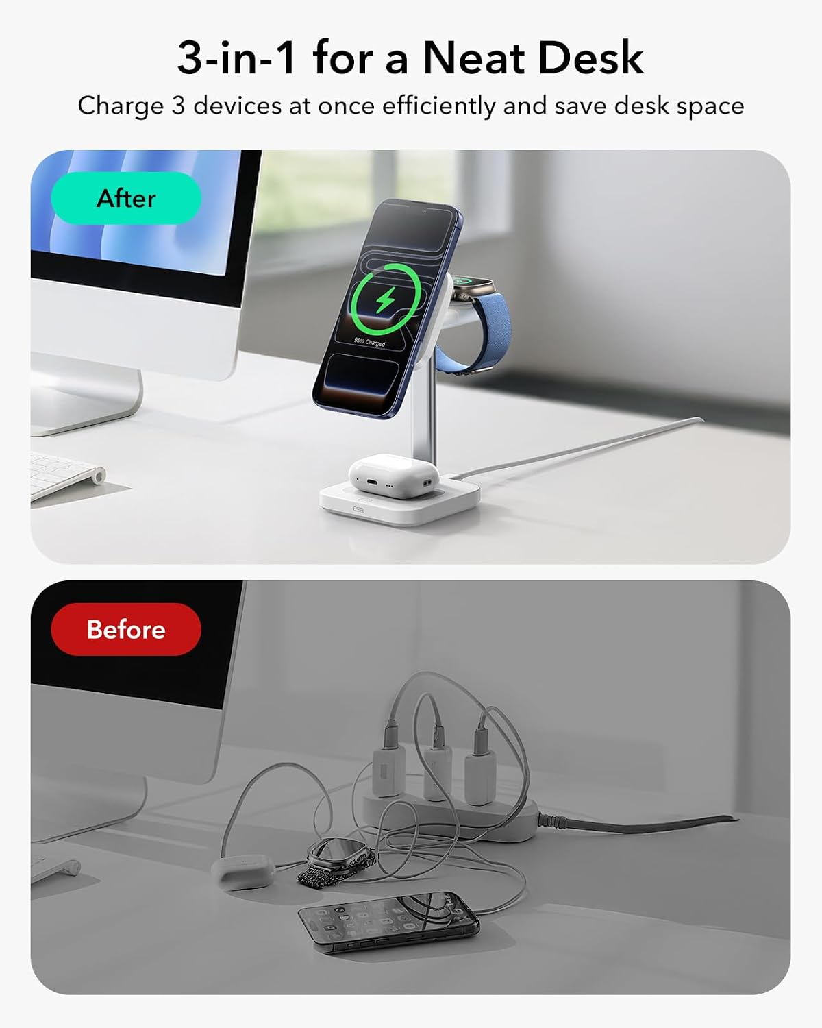 ESR 3 in 1 Charging Station, Qi2.2 Certified for iPhone 17/16 with iOS 26 | 25W MagSafe Charger Stand w/Cryoboost, Phone Cooling Wireless Charger, for AirPods & Apple Watch, Fast Charging Dock, White