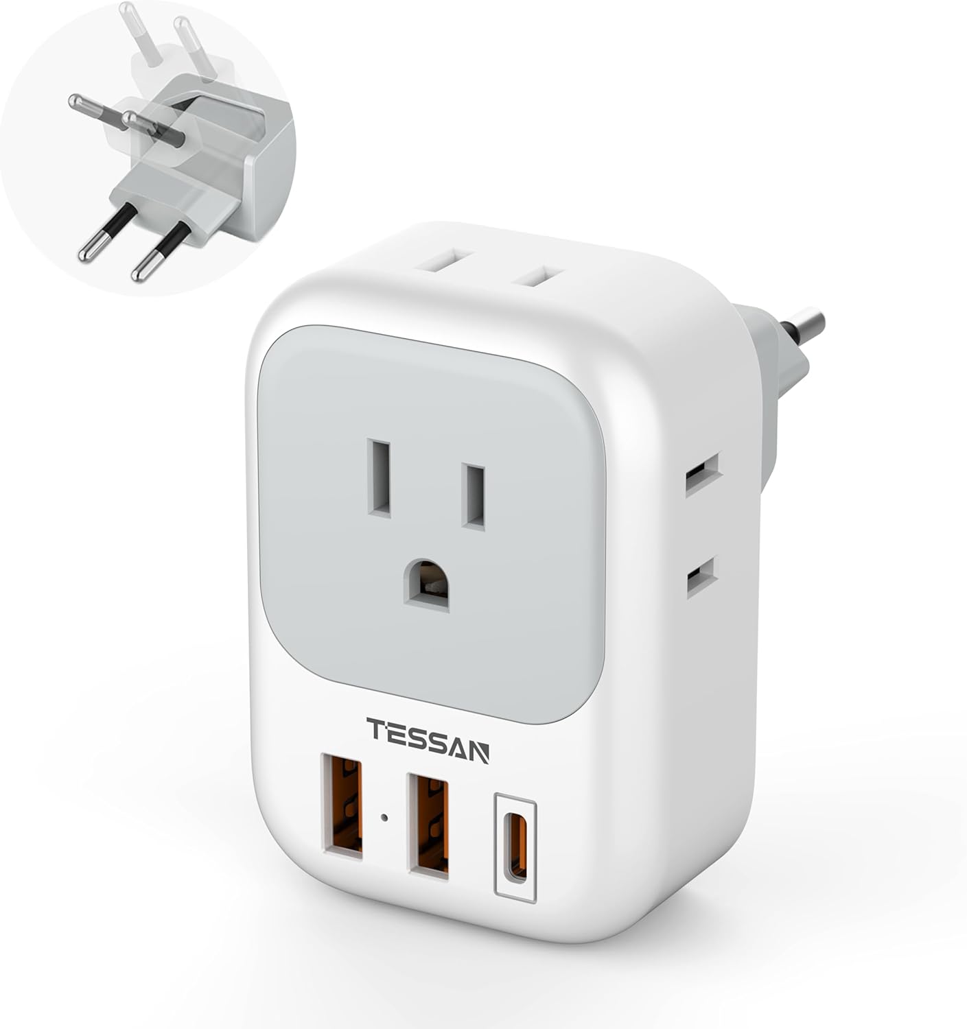 European Travel Plug Adapter USB C, TESSAN International Plug Adapter with 4 AC Outlets 3 USB Charging Ports, Type C Europe Power Adaptor for US to EU France Germany Iceland Spain Italy