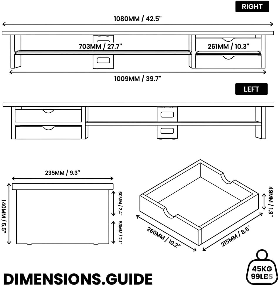 Fenge Monitor Stand, Dual Monitor Riser, 42.5inch Large Desk Computer Monitor Stand Riser with Drawer, 2 Tier Wood & Acrylic Desktop Organizer for Computer, Laptop, Printer, TV Screen Riser