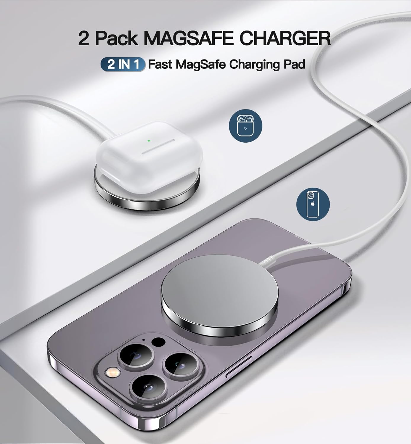 Magnetic Wireless Charger 15W Fast Mag Safe Charger for Cell iPhone 17 Pro Max/17 Pro/17 Air/17/16/15/14/13/12 Series 2 Pack Charging Pad for AirPods 3/2/Pro 2/Pro Original Replacement