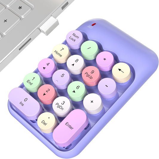 MOWUX Wireless Number Pads, Cute Colorful Numeric Keypad Numpad Portable 2.4 GHz Financial Accounting Number Keyboard Extensions, 18 Key Number Numpad for Laptop Desktop, PC (Purple)