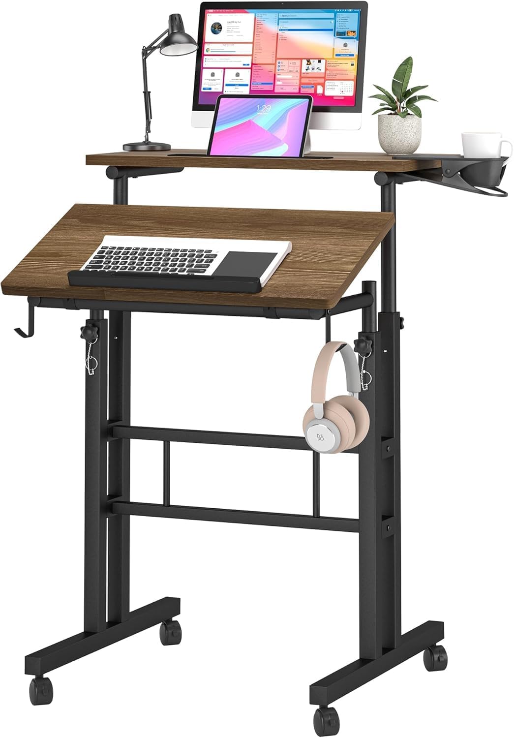 Klvied Stand Up Desk on Wheels, Portable Computer Desk for Home Office,Rolling Desk for Laptop with Removable Cup Holder, Adjustable Laptop Cart for Standing or Sitting,Raffia