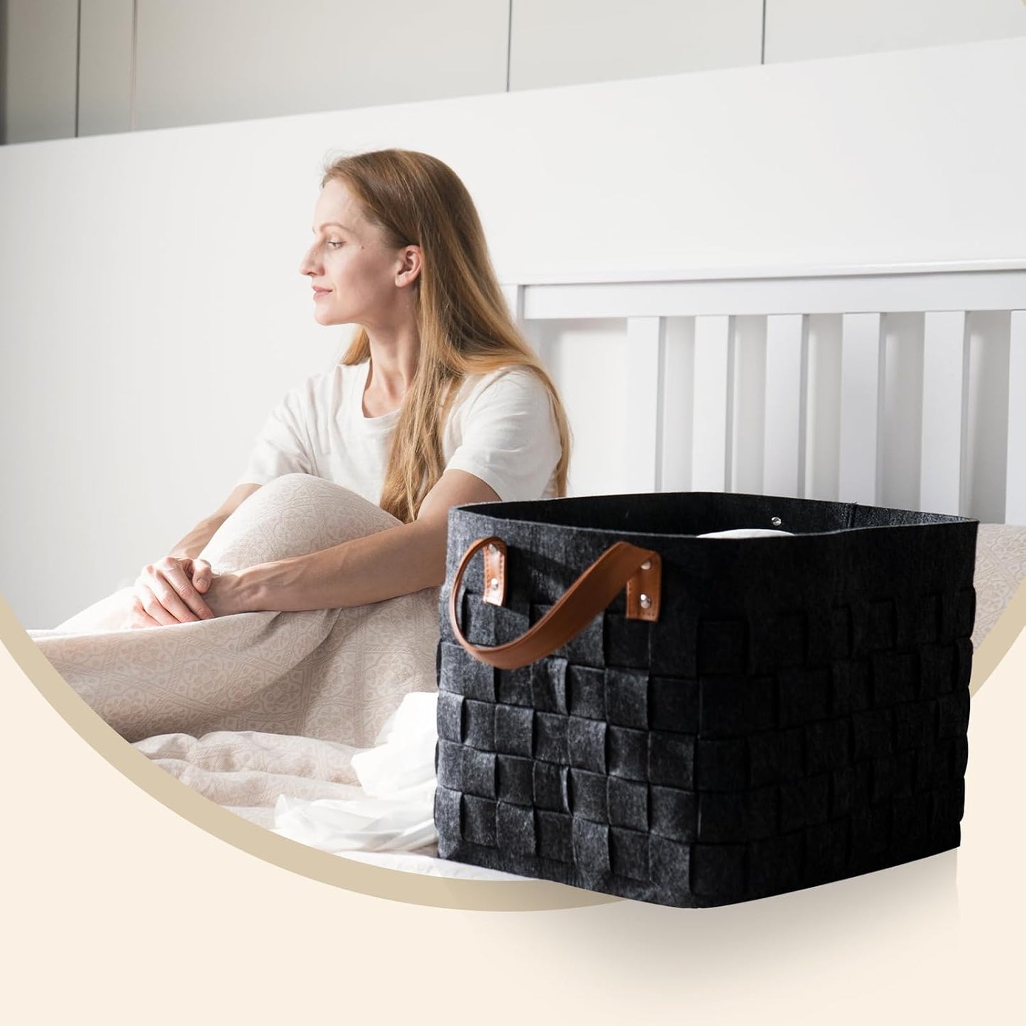 boldmonkey Laundry Basket 16.5 " x13 x13 , Large Rectangular Blanket Basket with Leather Handle, Felt Storage Basket for Living Room, Nursery, Dog Toys-Dark Gray