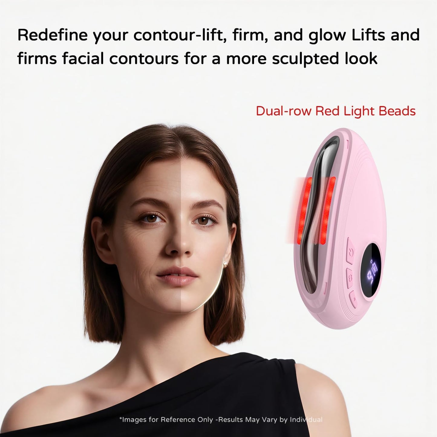Professional LED Red Light Gua Sha Massager, 9-Level Adjustable Face and Neck Sculptor for Skin Firming, Jawline Contouring & Serum Absorption, Portable Metal Facial Skincare Tool - Pink