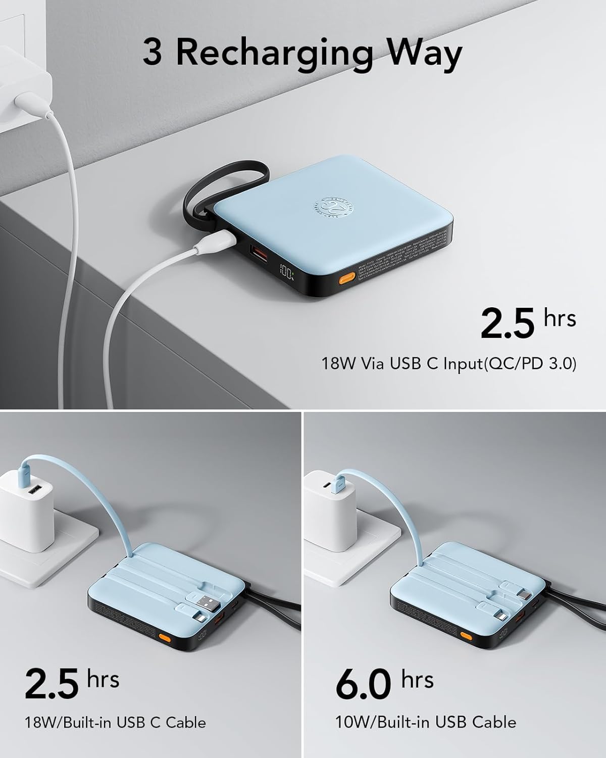 VRURC Portable Charger for iPhone with Built-in Cable, 10000mAh 22.5W Fast Charging USB C Battery Pack, Cell Phone Power Bank for iPhone 17 16 15 & Samsung Galaxy Series (Blue)