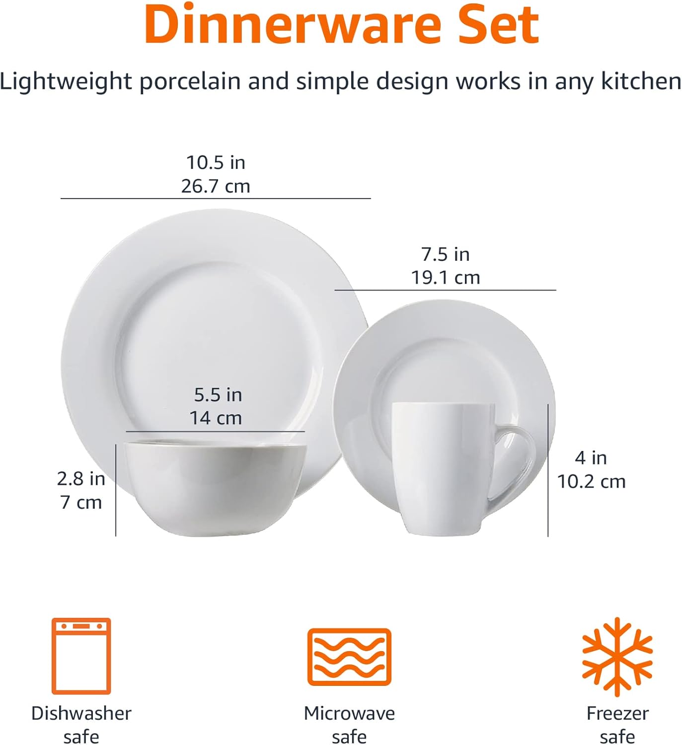 Amazon Basics 16-Piece Porcelain Dinnerware Set, Microwave and Dishwasher Safe, Service for 4, Plates, Bowls and Mugs, White