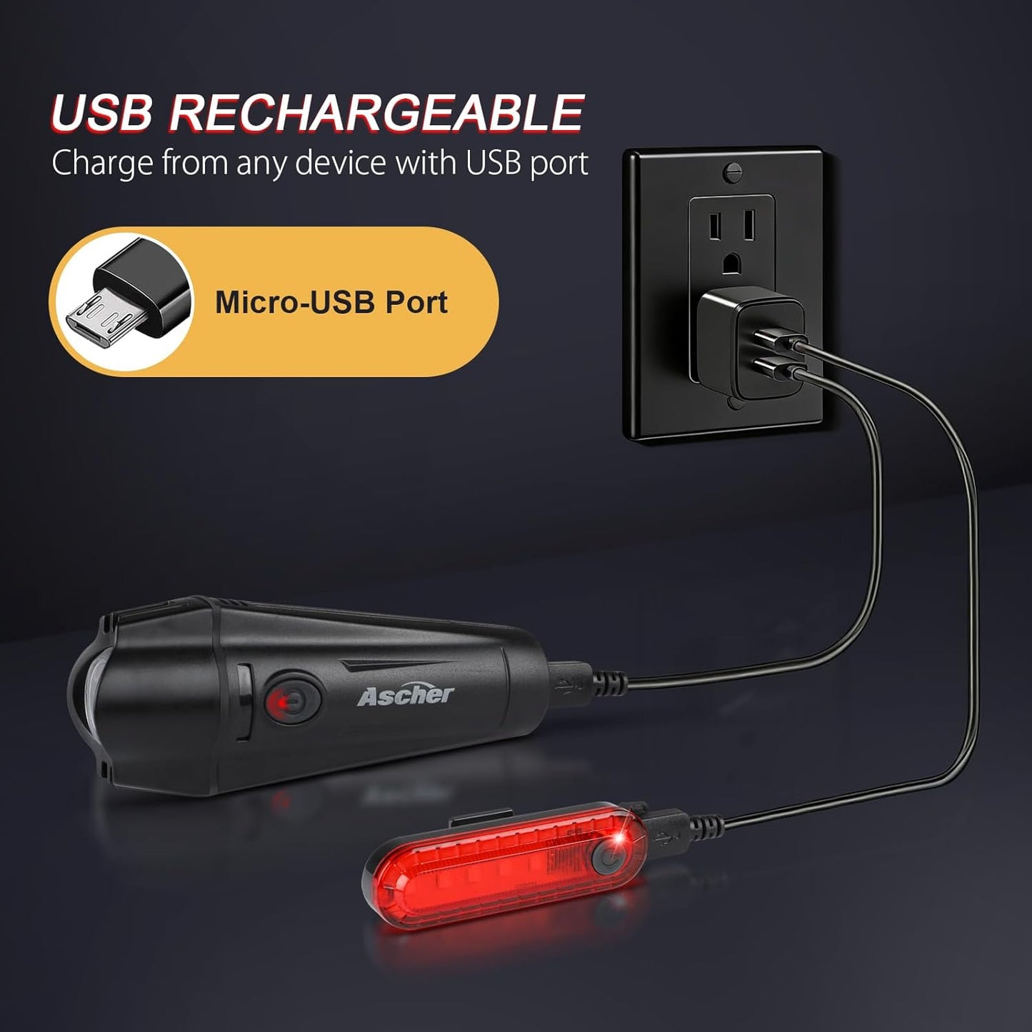 Ascher Ultra Bright USB Rechargeable Bike Light Set, Powerful Bicycle Front Headlight and Back Taillight, 4 Light Modes, Easy to Install for Men Women Kids Road Mountain Cycling Black