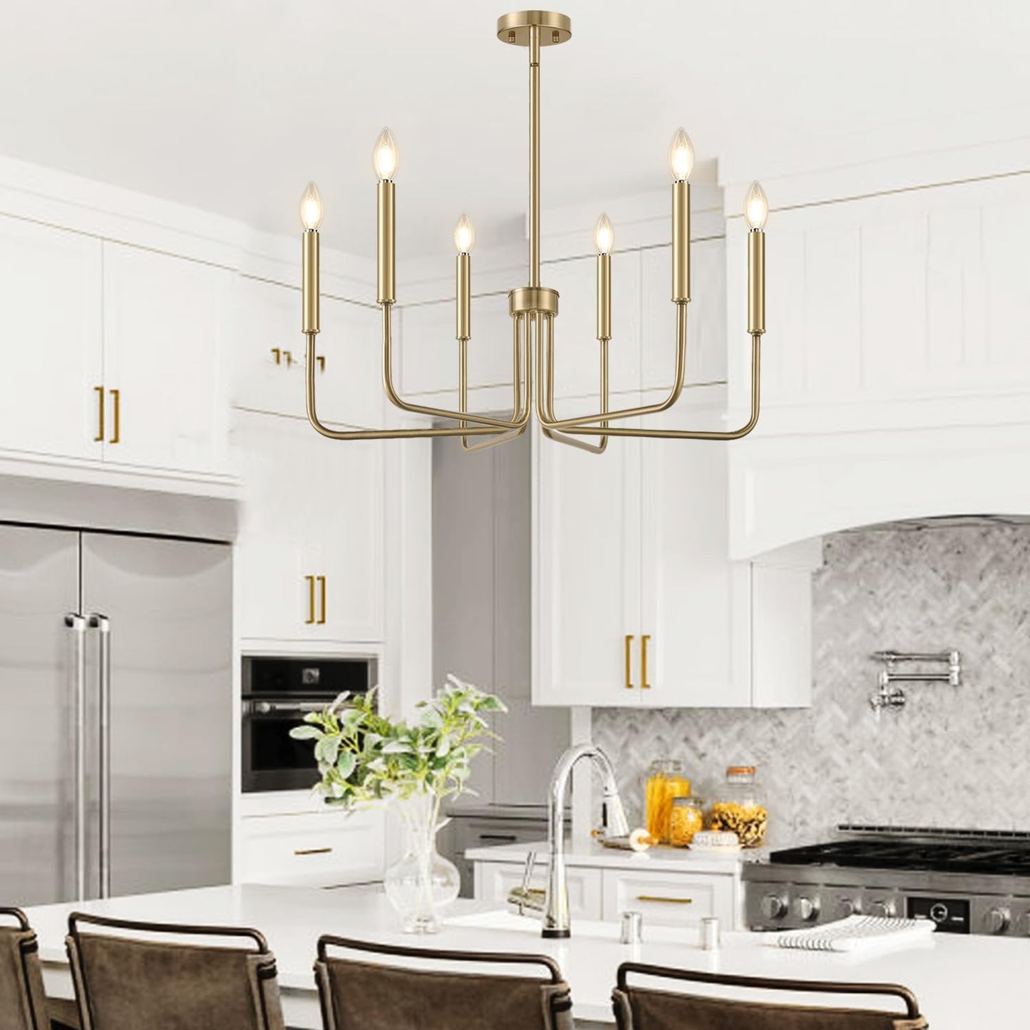 Lynnoland Brass Chandelier, 6-Light Farmhouse Chandeliers for Dining Room Lighting Fixtures Hanging, Vintage Candle Pendant Light Light Fixture for Bedroom, Kitchen, Foyer and Living Room