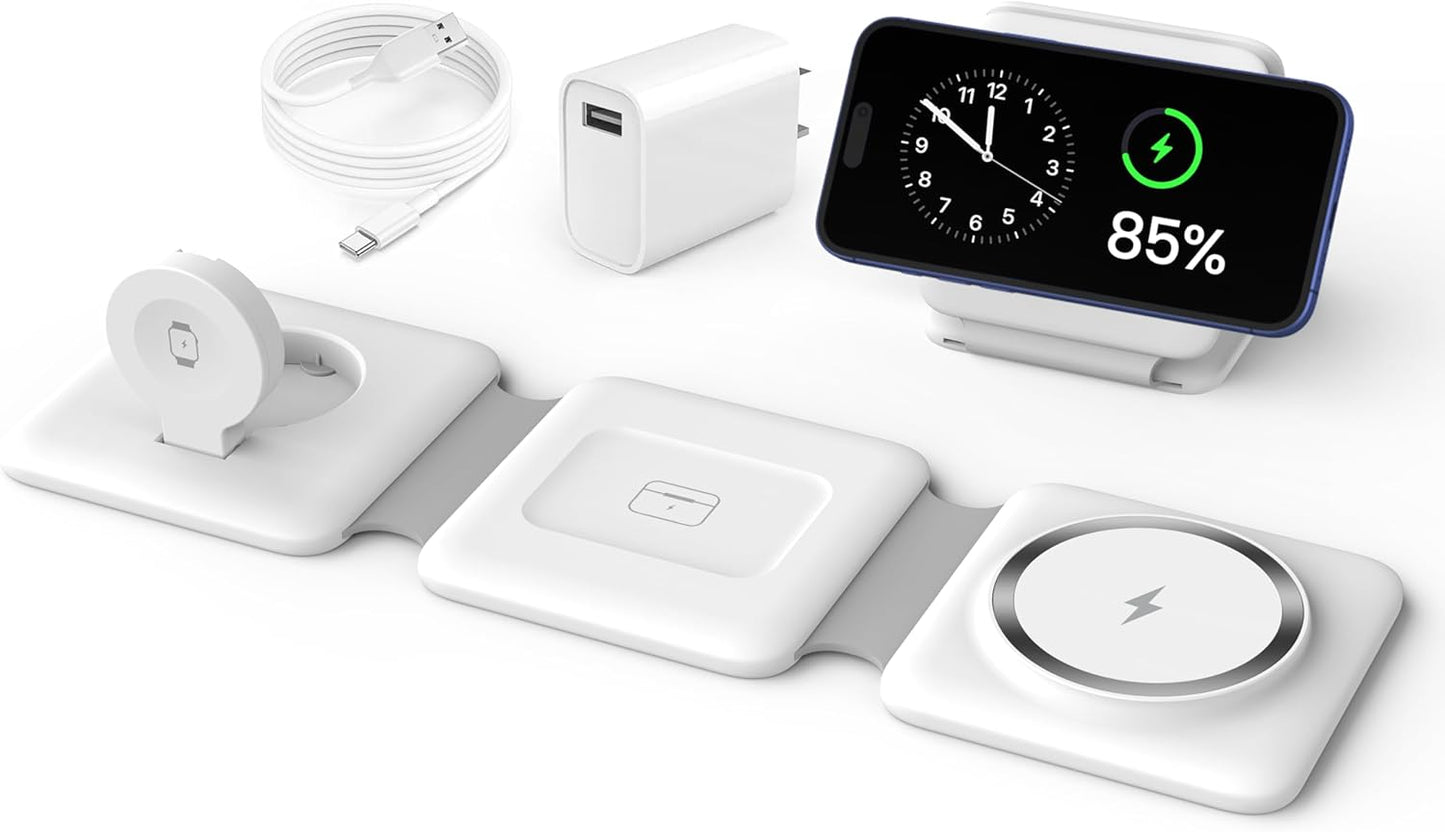 Charging Station for Apple Multiple Devices - 3 in 1 Foldable Magnetic Wireless Charger Dock - Travel Charging Pad for iPhone 17 16 15 14 13 12 Pro Max Plus Watch & Airpods