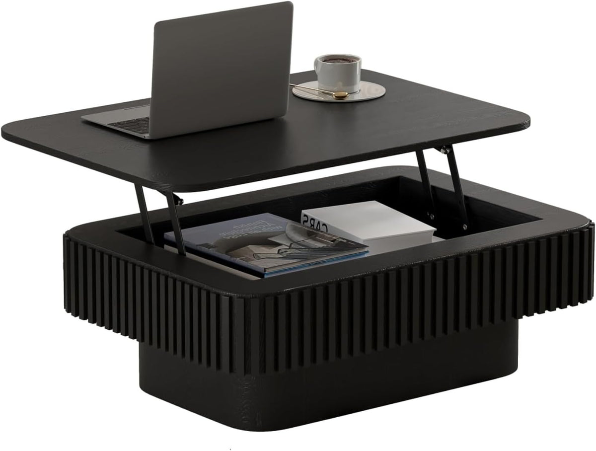 Lift Top Coffee Table for Living Room,Rectangle Handmade Solid Wood Strips, Fluted Coffee Table with Hidden Storage Compartment for Small Space Office Apartment (38.6"L×26.8''W×13.8''H-Black)