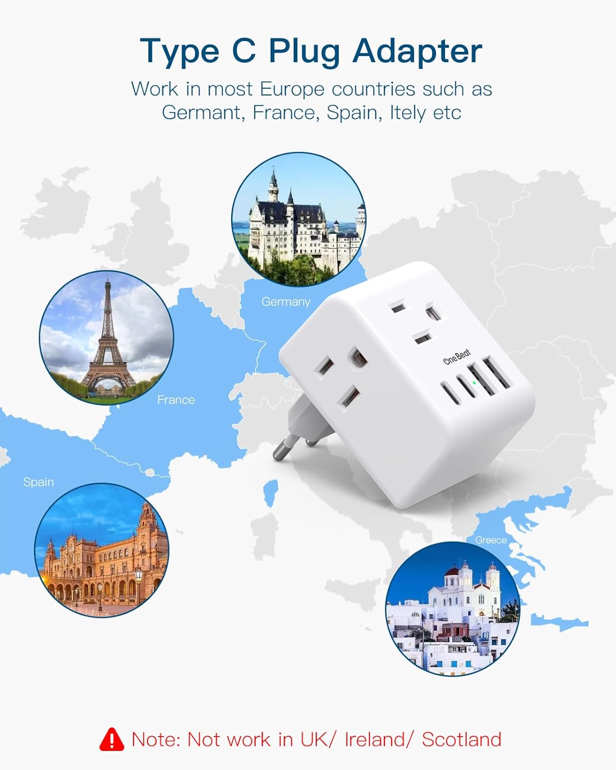 2 Pack European Travel Plug Adapter, International Power Plug Adapter with 3 Outlets 4 USB Charging Ports(2 USB C), Type C Plug Adapter Travel Essentials to Most Europe EU Spain Italy France Germany