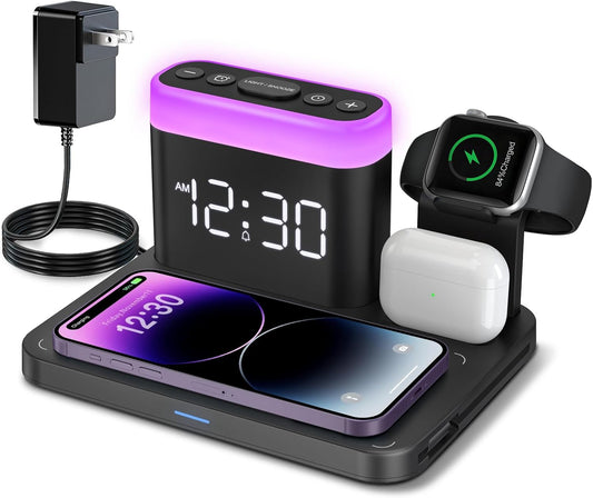 ANJANK Wireless Charging Station,5 in 1 Multiple Charger Stand with Alarm Clock,7 Night Light,Magnetic Charging Dock for iPhone 17 16 15 14 13 12 Pro Max Plus,Apple Watch 11/10/9/8,for Airpods,Bedroom