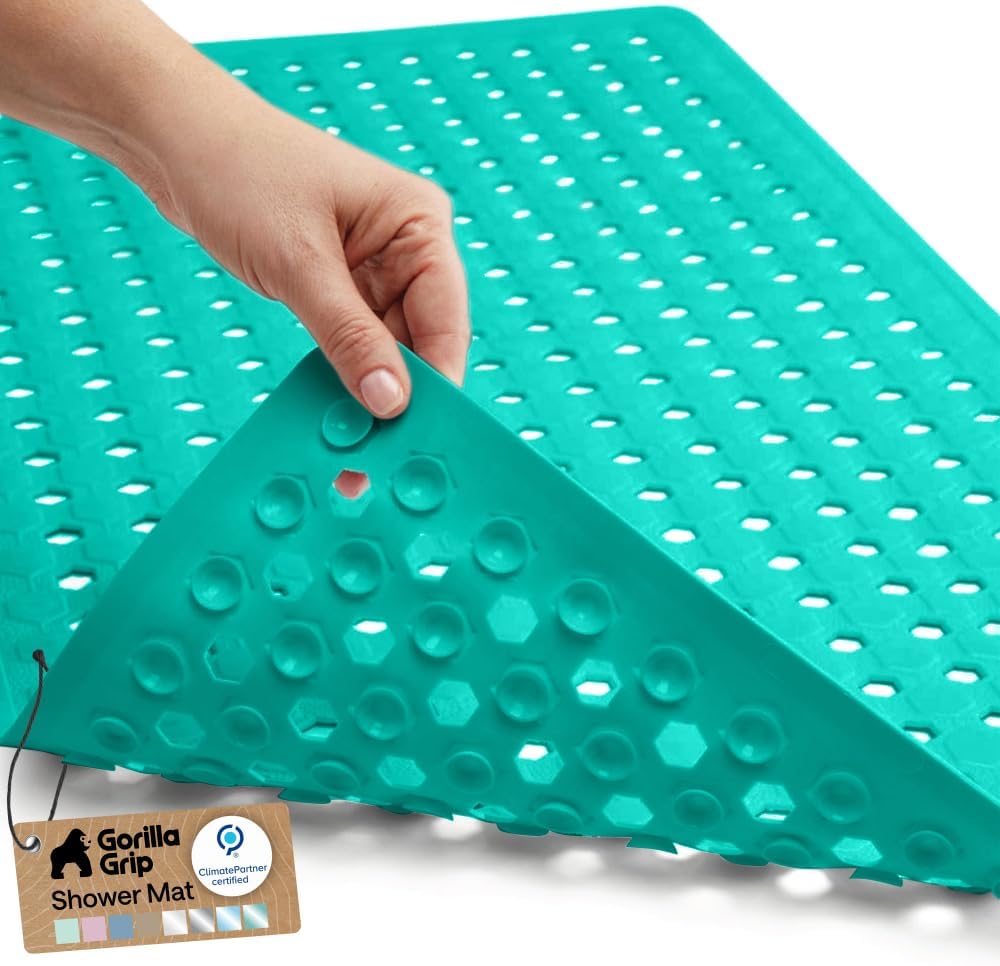 GORILLA GRIP Patented Bath Tub Shower Mat, Machine Washable Bathtub Floor Liner Mats, Suction Cups and Drain Holes to Keep Tubs Clean, Soft on Feet, Bathroom Essentials, 35x16 Inch, Turquoise Opaque