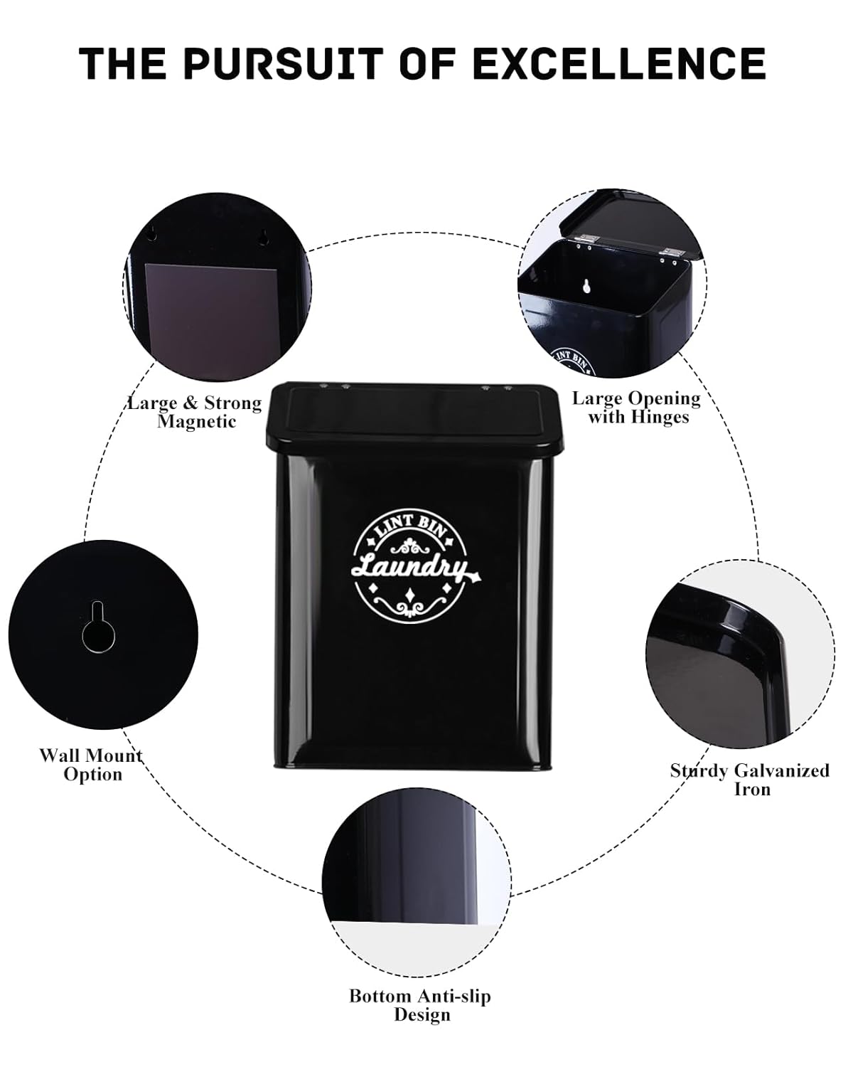 SACREDAY Magnetic Lint Bin for Laundry Room Organization and Storage with Brush, Wall-Mounted Laundry Dryer Lint Bin for Laundry Room Decor, Space-Saving Laundry Trash Can (Black)