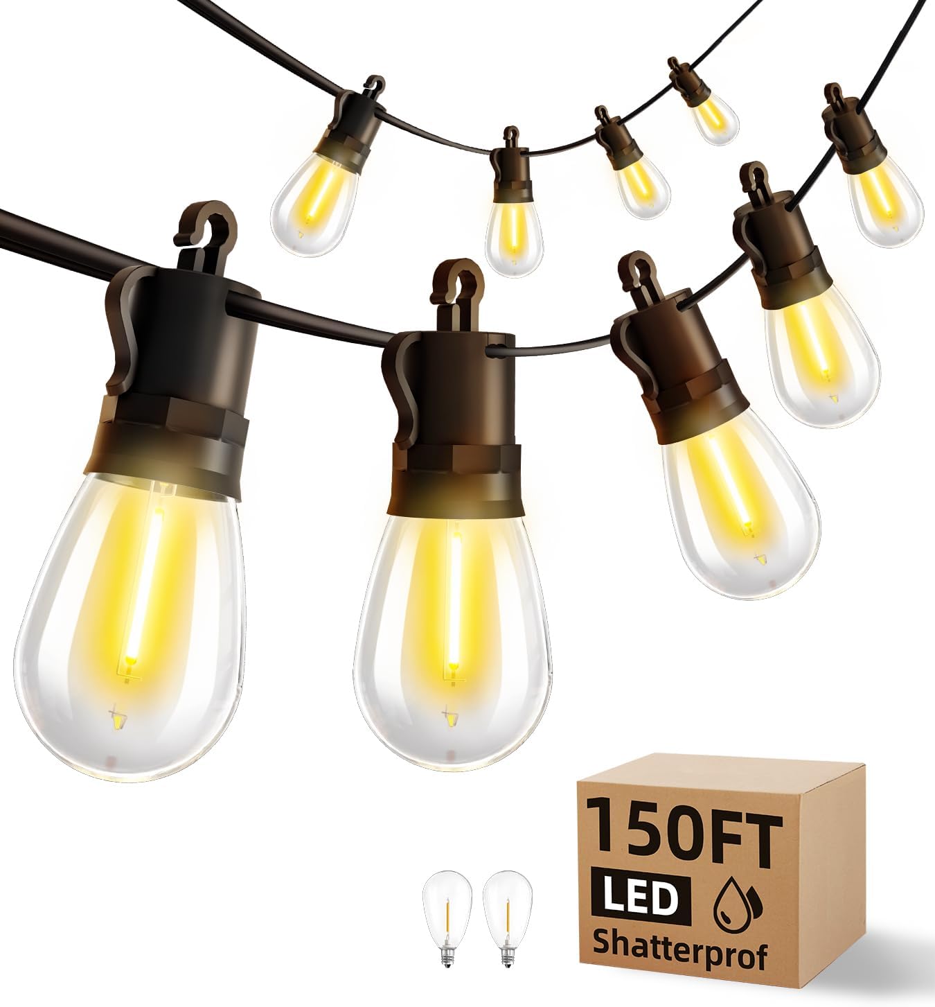 Outdoor String Lights Patio LED - Light Outside 50Ft 15M Waterproof Remote Dimmable S14 Porch Lighting Edison Plastic Bulb Pergola Hanging Balcony Connectable Backyard Yard Gazebo Party Garden Bistro