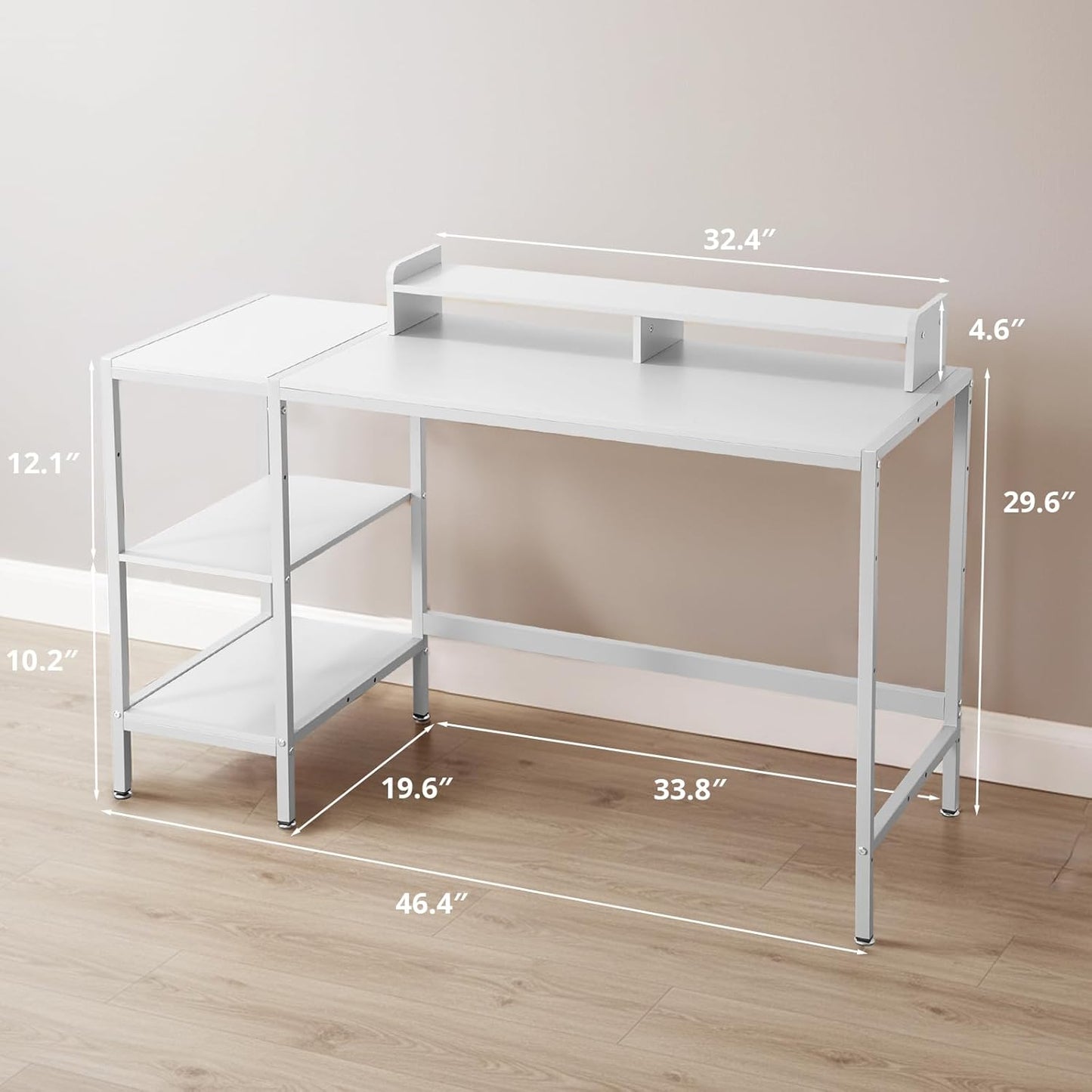 MINOSYS 47-inch Computer Desk with Storage Shelf - Ideal Gaming Desk for Bedrooms, Small Spaces, and Home Offices Modern Writing Desk for PCs,White Table.