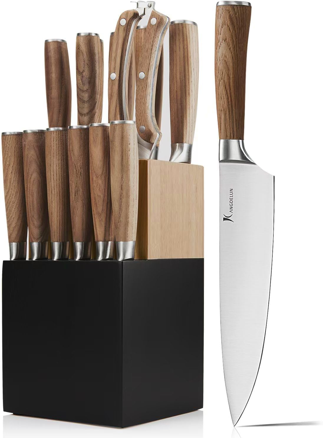 Kangdelun Ultra Sharp 14-Piece Kitchen Knife Set, High Carbon Stainless Steel Blades, Torrefied Brown Wood Handles, Ergonomic Design, Space-Saving Black-Finished Wood Block, Easy Hand Wash, Gift Box