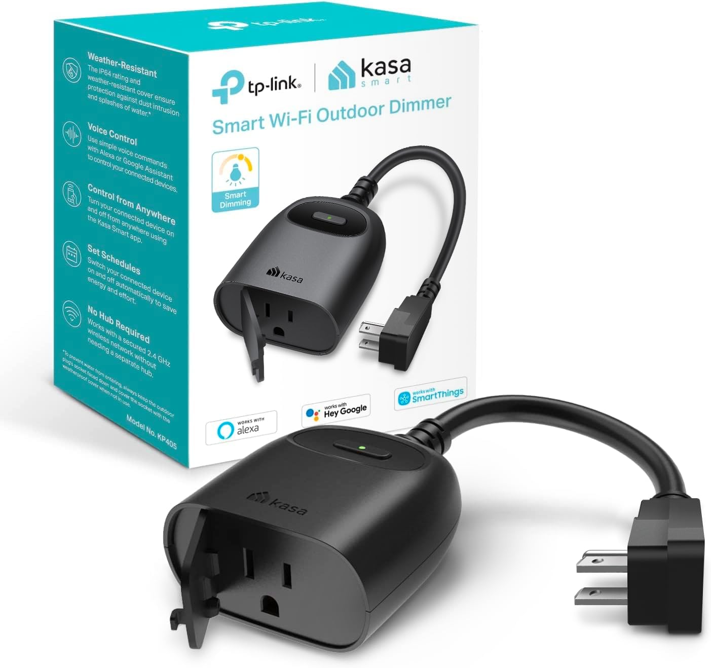 Kasa Outdoor Smart Plug, Smart Home Wi-Fi Outlet Timer, Max Load 15A/1875W, IP64 Weather Resistance, Compatible with Alexa, Google Home & SmartThings, No Hub Required, ETL Certified(KP401)