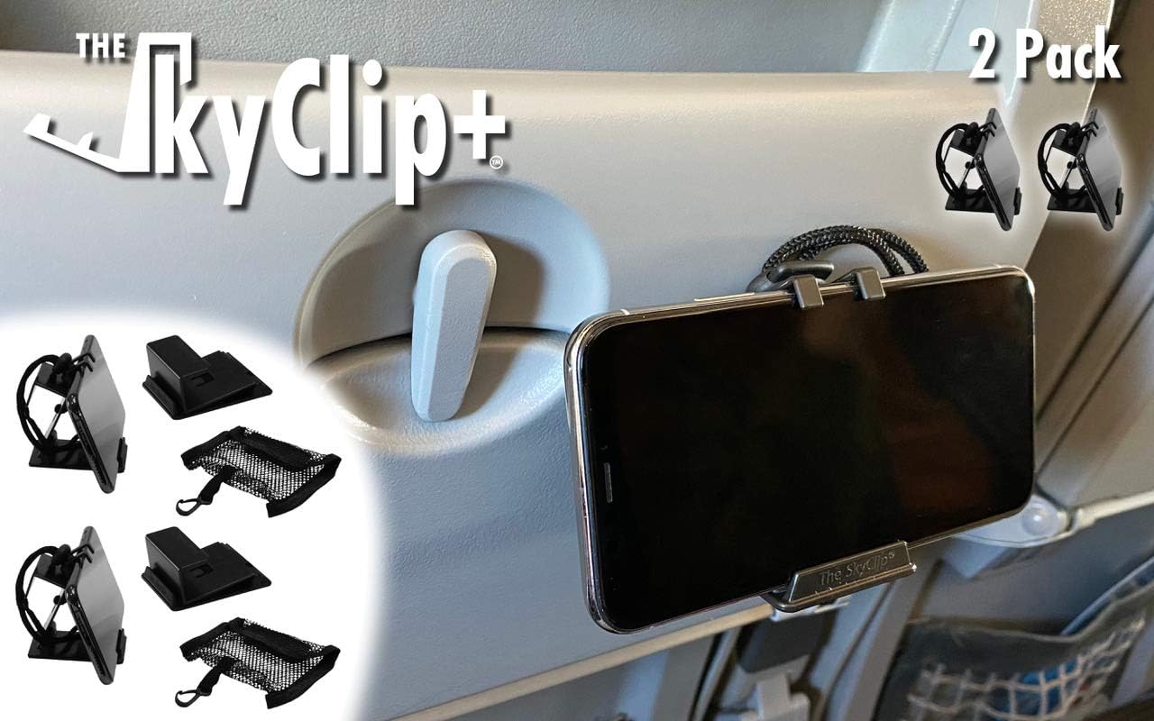 The SkyClip+ Phone & Tablet Holder for Air Travel, Home and Office Use - Inflight Phone Mount & Stand Compatible with iPhone, Android, Kindle and Tablets - Ultimate Travel Accessory (Black)