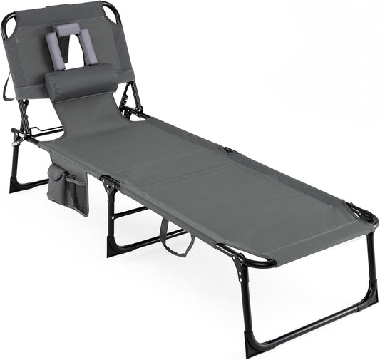 COSTWAY Tanning Chair with Face Hole, Folding Beach Lounge Chair with 4-Position Adjustable Backrest, Pillow & Side Pocket, Foldable Chaise Lounge Chair Outdoor for Sunbathing, Camping (1, Grey)