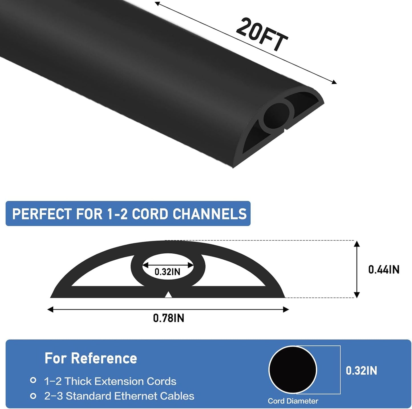 LSGCQ Floor Cord Cover Self Adhesive Cord Hider Floor Cable Management | Cord Covers for Wires on Floor Cable Cover, Prevent Cable Trips, Cable Cavity 0.32" W x 0.32" H, 20Ft, Black