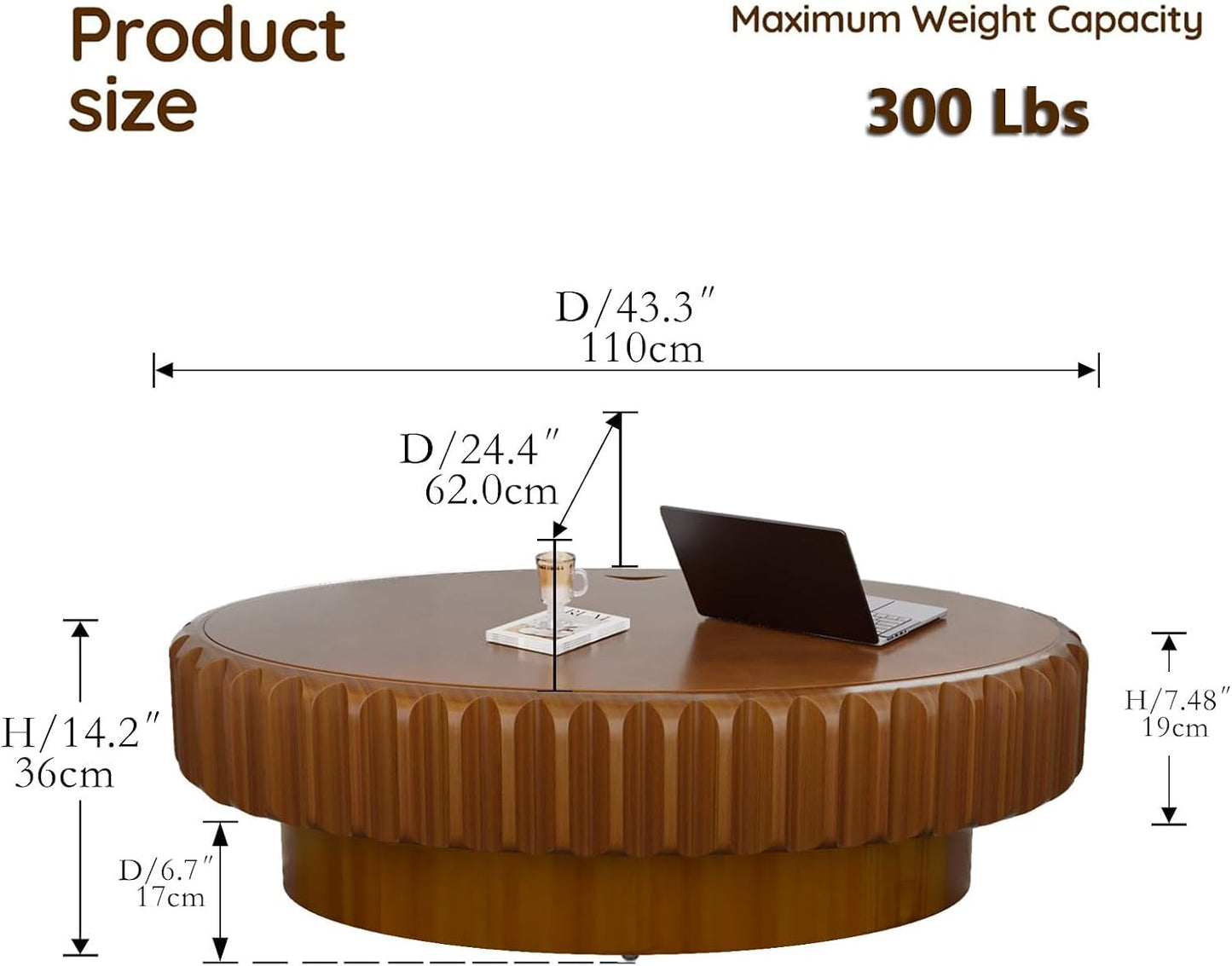 43.3'' Oval Coffee Table with Storage for Living Room, Modern Oval Drum Fluted Coffee Table with Wood Veneered Circle Center Tables for Small Space Apartment (B)